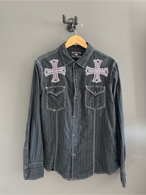 POP ICON CLOTHING Men's Black Button-Down Shirt with White Cross Embroidery